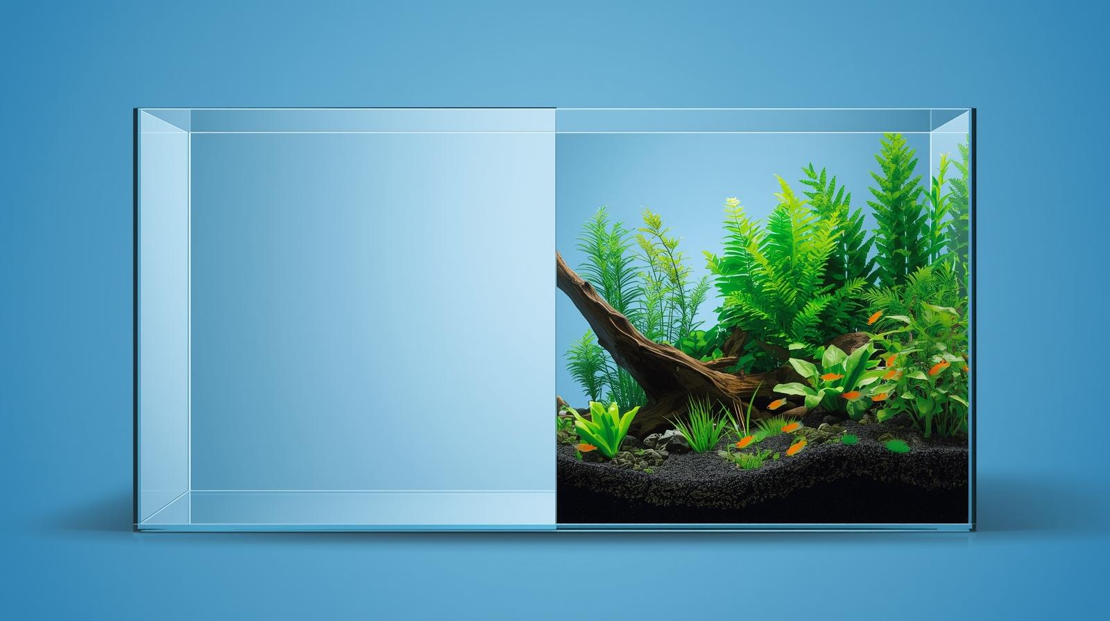 On the left, a simple, empty glass aquarium (bare tank) with a plain blue background. On the right, a beautiful aquascape