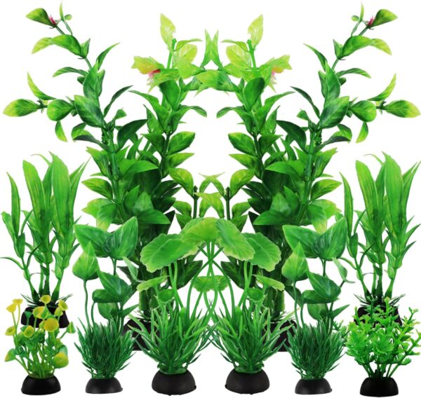PietyPet 10-Pack Lifelike Green Plastic Aquarium Plants Instant Fresh/Saltwater Décor for 5–20 gal Tanks