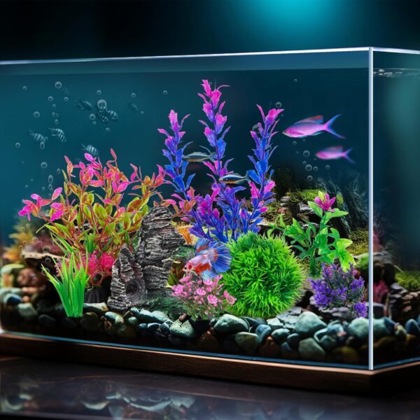 Ameliade 8-Piece Aquarium Decor Set – Lifelike Plastic Plants & Rock Cave Ornaments