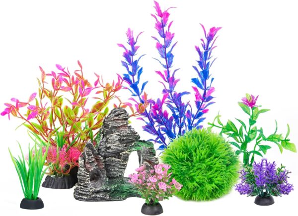 Ameliade 8-Piece Aquarium Decor Set – Lifelike Plastic Plants & Rock Cave Ornaments