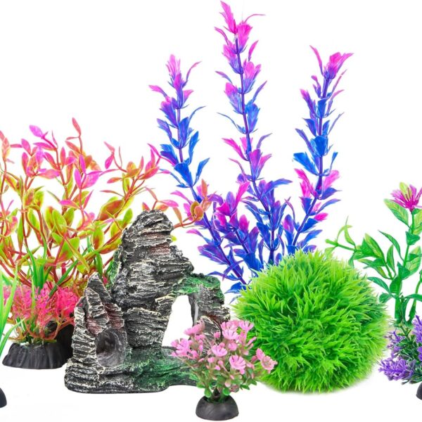 Ameliade 8-Piece Aquarium Decor Set – Lifelike Plastic Plants & Rock Cave Ornaments