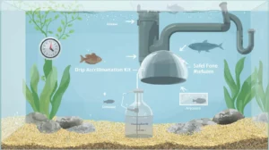 A detailed illustration depicting the essential steps and equipment for safely introducing new fish to an aquarium