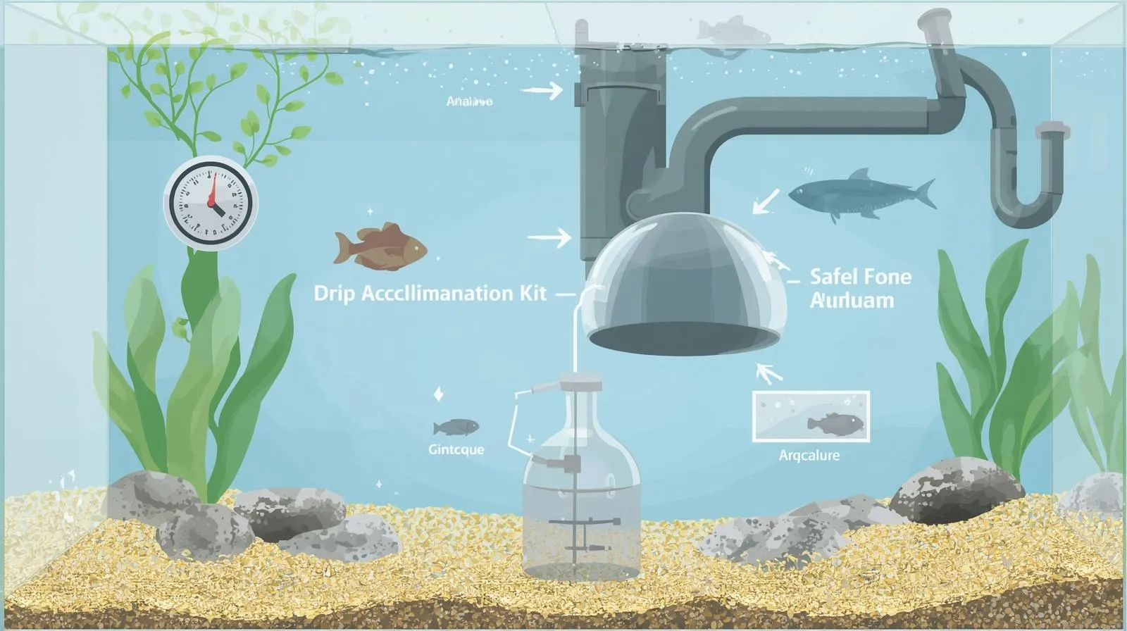 A detailed illustration depicting the essential steps and equipment for safely introducing new fish to an aquarium
