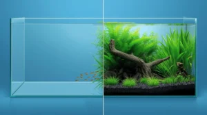 empty glass aquarium (bare tank) vs beautifully aquascaped