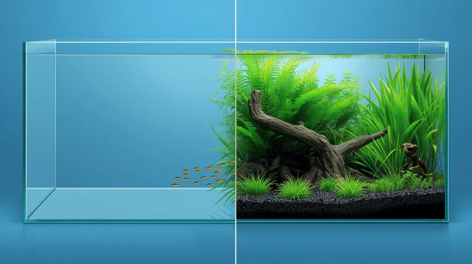 empty glass aquarium (bare tank) vs beautifully aquascaped