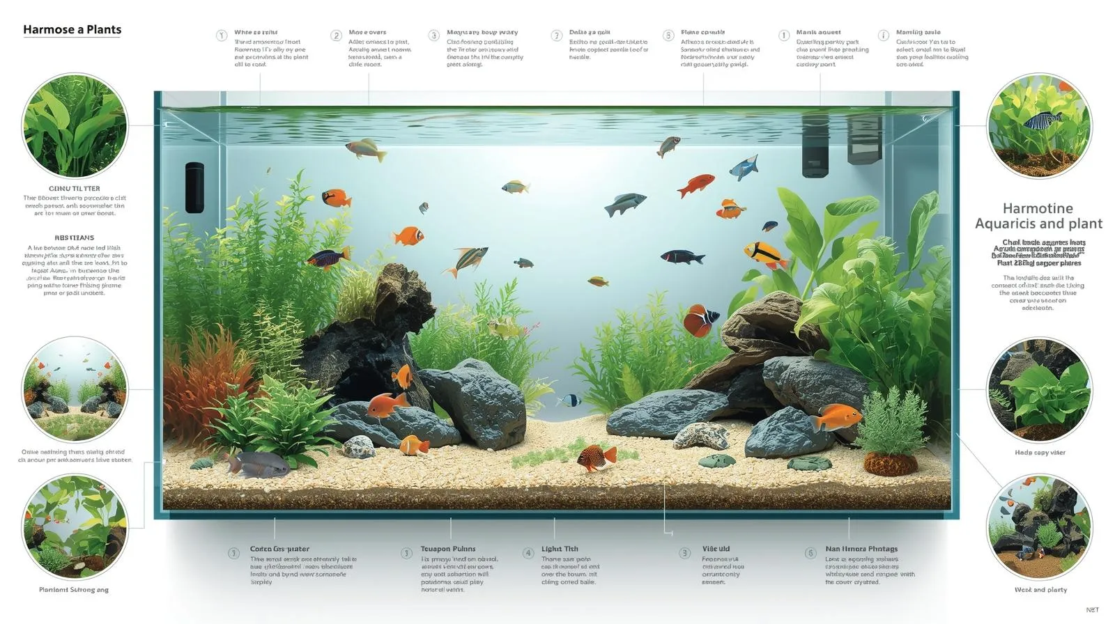 featuring vibrant aquatic plants, clear water, diverse fish species coexisting peacefully, and meticulously arranged substrate and decor.
