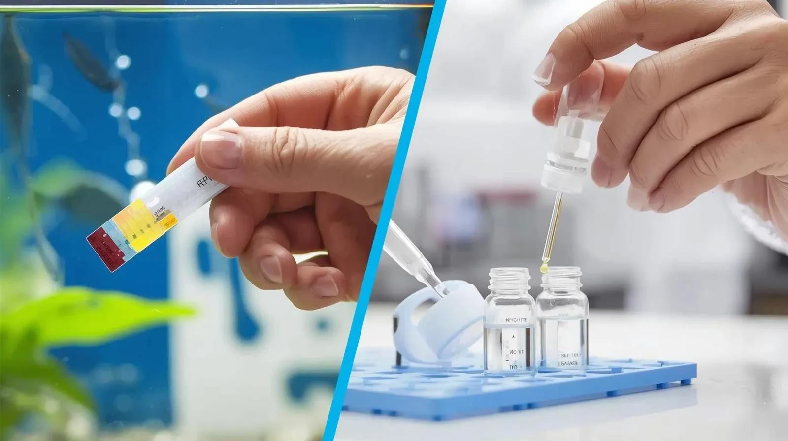 visually comparing two methods of testing a fish tank's nitrate levels test strip or liquid test kit