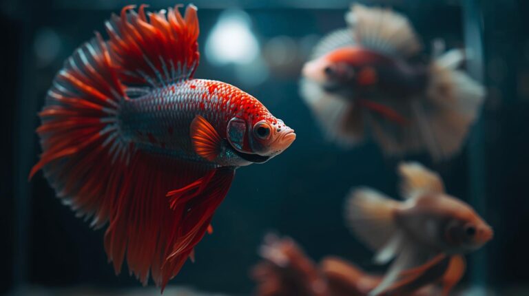 betta fish swimming, one in front the other blurred in the back